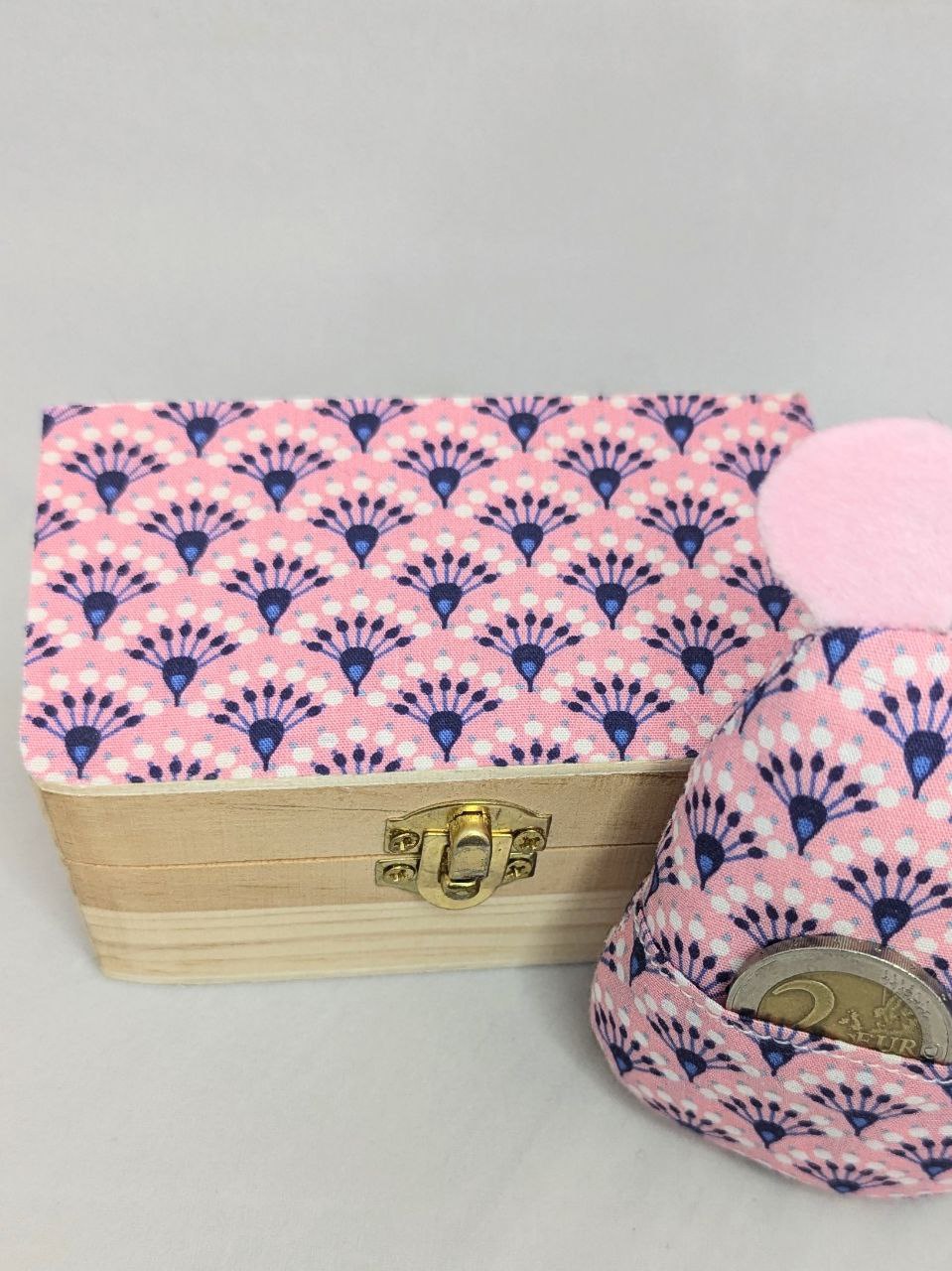 Souris et boîte à dent de lait - rose bleu éventail