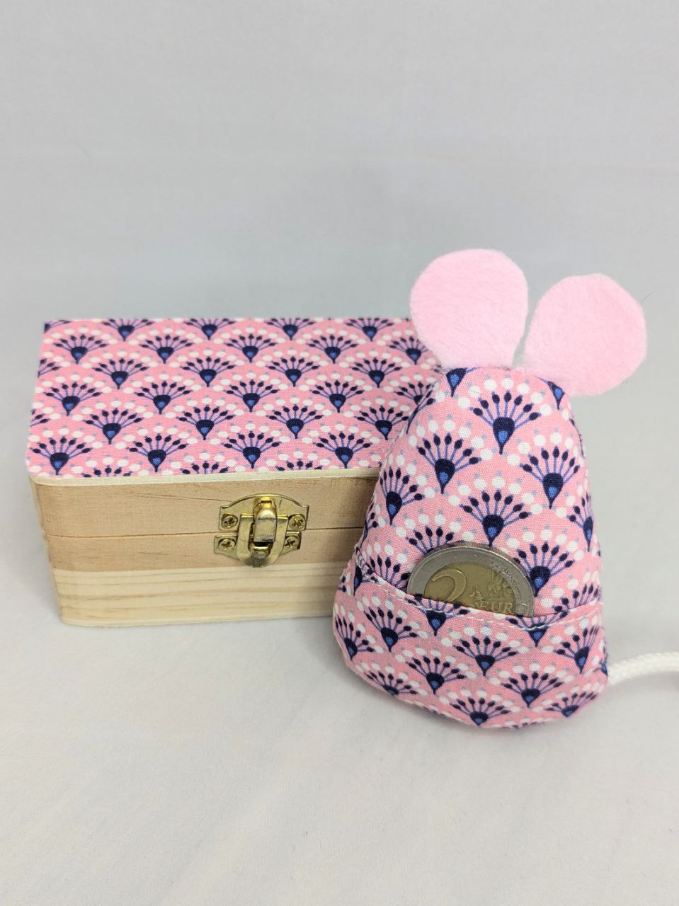 Souris et boîte à dent de lait - rose bleu éventail